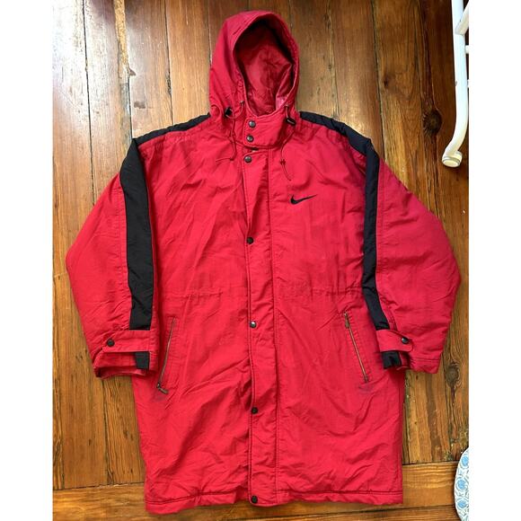 Red Vintage 90s Nike Long Coat Parka Big Logo Men's Large - Picture 2 of 10